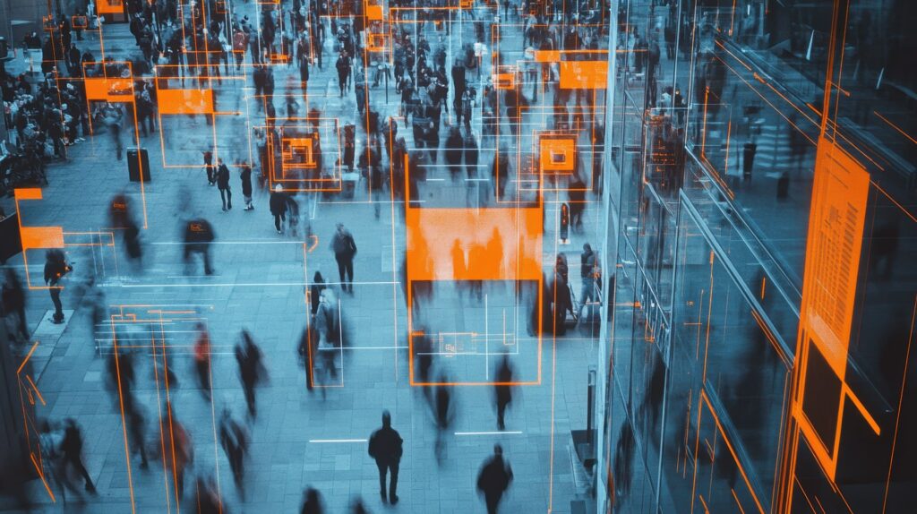 Blurred crowd with overlaid digital security data visualization, symbolizing advanced sensor technology for safety-critical applications.